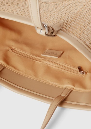  Kadın Vizon Önü Yama Logo İşlemeli Ayarlanabilir Askılı Hasır Tote Çanta