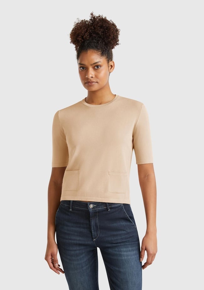  Kadın Bej Streç Kumaşlı Önü Cepli Relax Fit Bisiklet Yaka Kazak