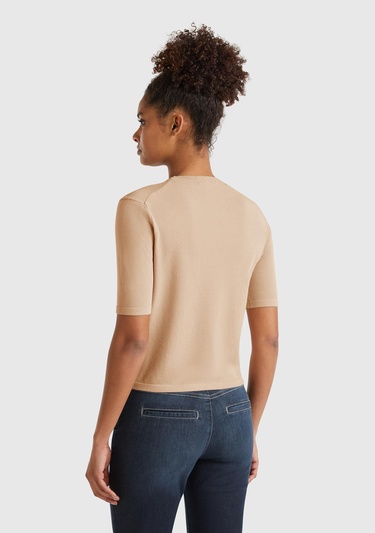  Kadın Bej Streç Kumaşlı Önü Cepli Relax Fit Bisiklet Yaka Kazak