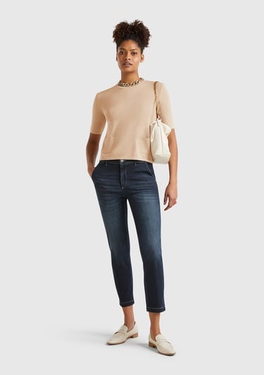  Kadın Bej Streç Kumaşlı Önü Cepli Relax Fit Bisiklet Yaka Kazak