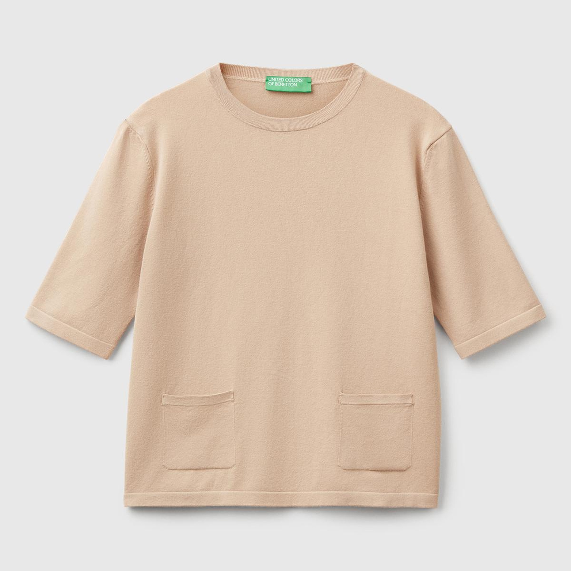 Kadın Bej Streç Kumaşlı Önü Cepli Relax Fit Bisiklet Yaka Kazak