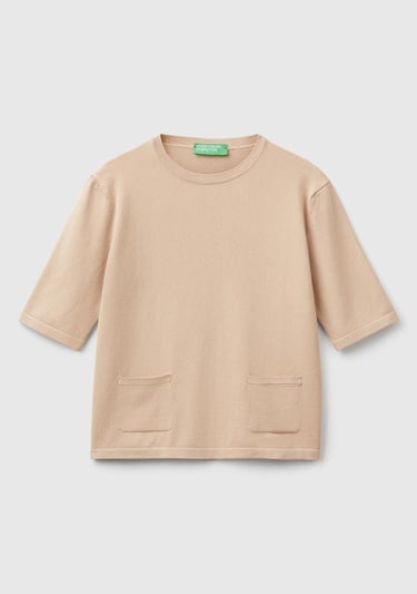  Kadın Bej Streç Kumaşlı Önü Cepli Relax Fit Bisiklet Yaka Kazak