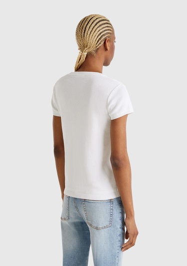  Kadın Beyaz %100 Koton Bisiklet Yaka Kısa Kollu Kazak