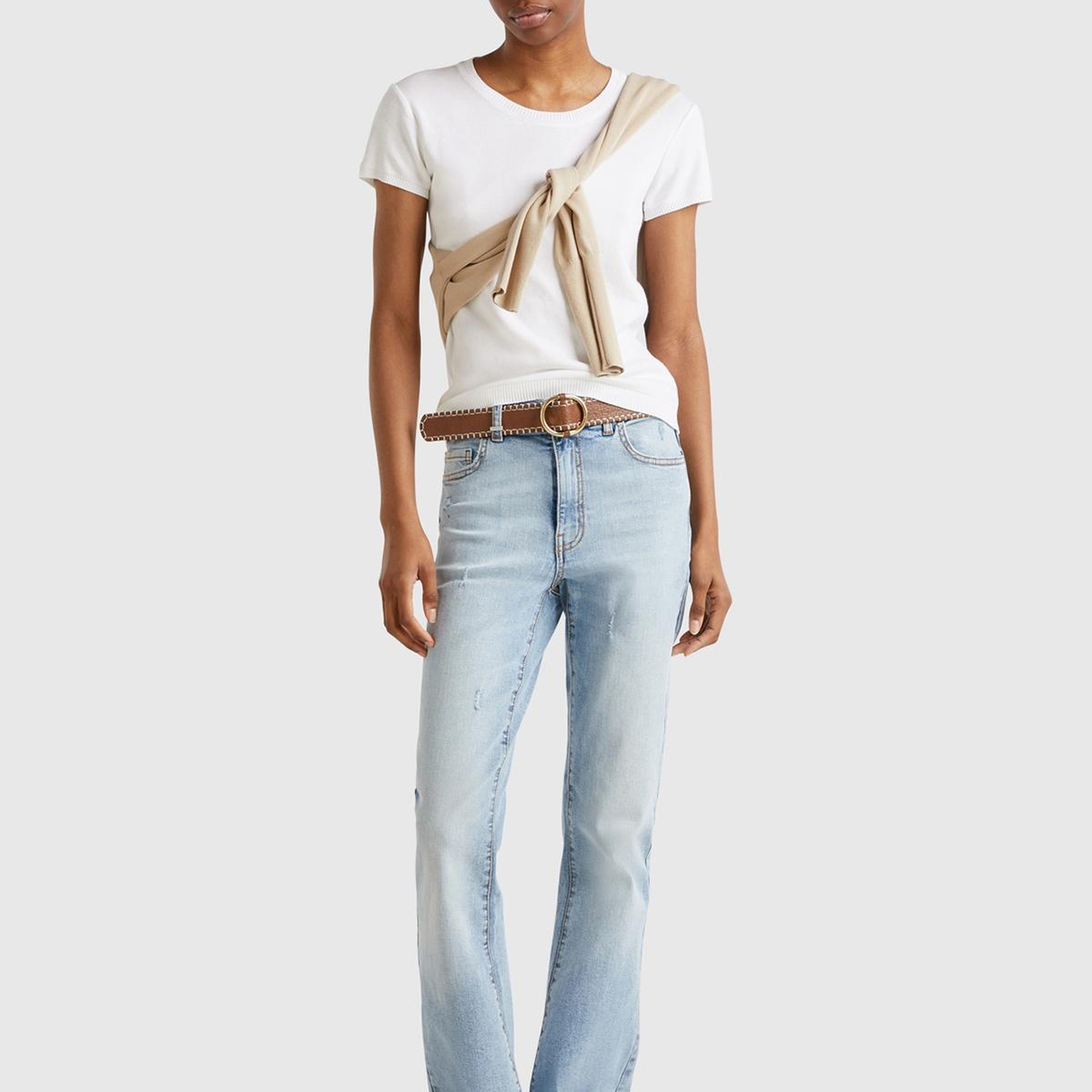 Kadın Beyaz %100 Koton Bisiklet Yaka Kısa Kollu Kazak