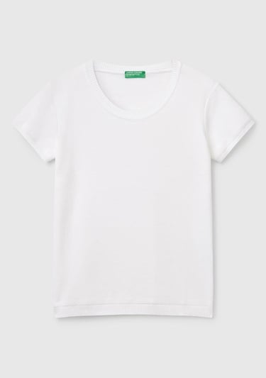  Kadın Beyaz %100 Koton Bisiklet Yaka Kısa Kollu Kazak