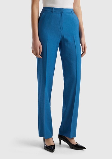  Kadın Koyu Mavi Viskoz Karışımlı Bol Paça Pantolon