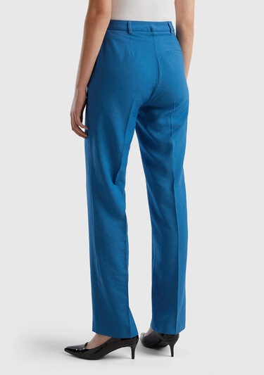  Kadın Koyu Mavi Viskoz Karışımlı Bol Paça Pantolon