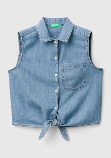  Kadın Mavi %100 Pamuk Göğsü Yama Cepli Kolsuz Denim Gömlek