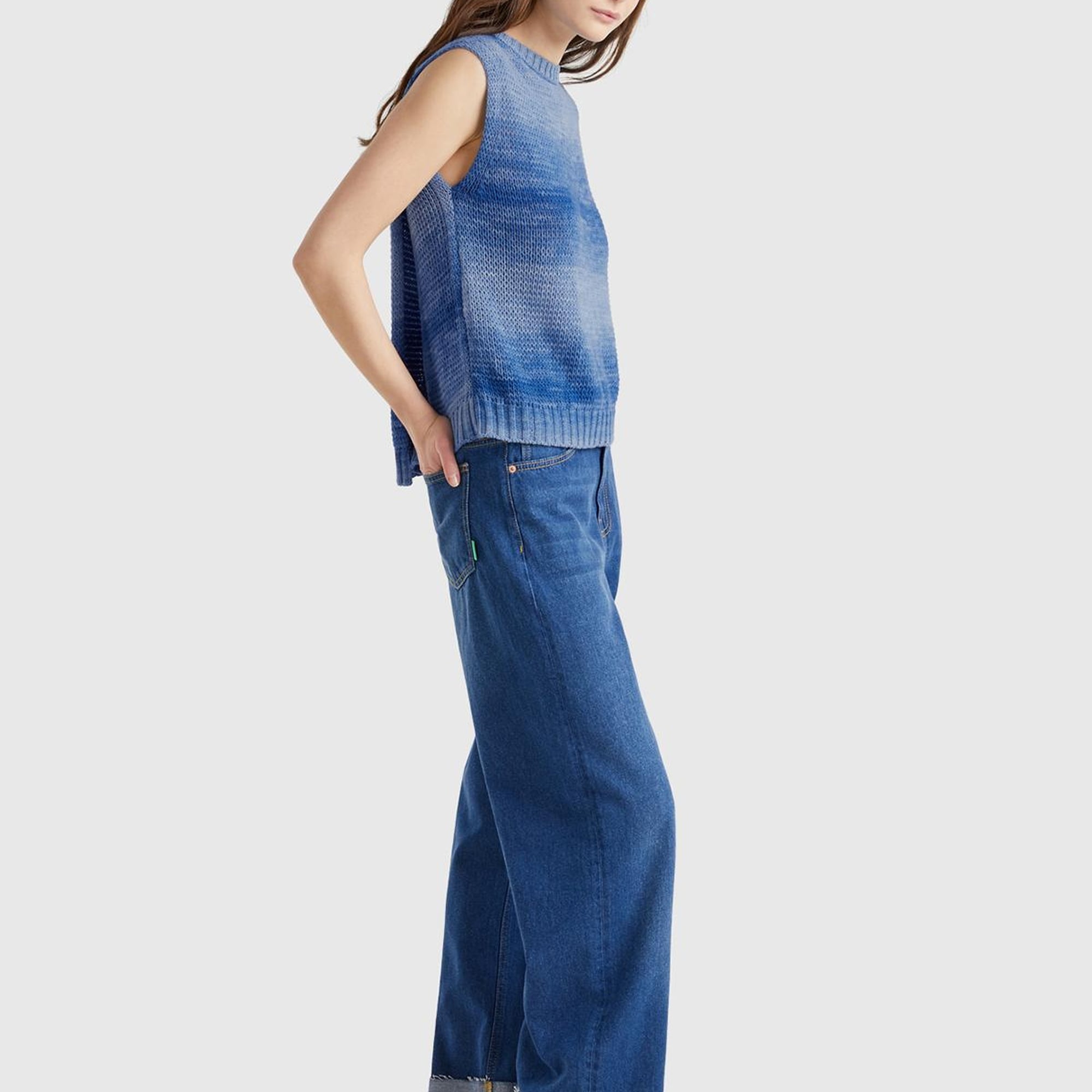 Kadın Mavi %100 Pamuk Gölge Efektli Ribanalı Relax Fit Süveter