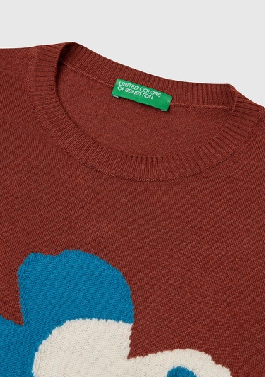  Kadın Kahverengi Viskoz Karışımlı Çiçek Desenli Kazak