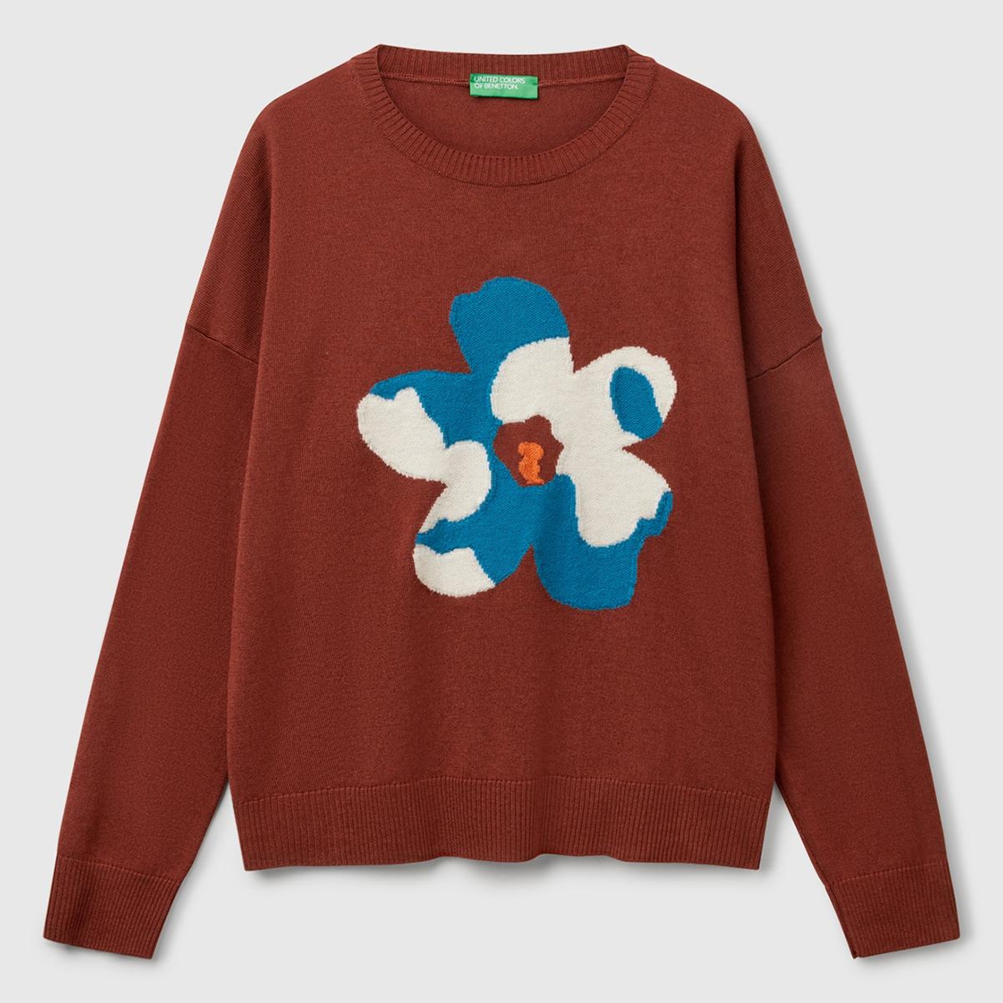 Kadın Kahverengi Viskoz Karışımlı Çiçek Desenli Kazak