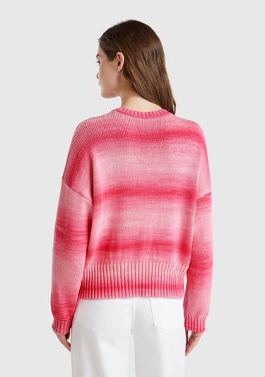  Kadın Pembe Mix %100 Pamuk Gölge Efektli Nervür Detaylı Düşük Omuzlu Kazak