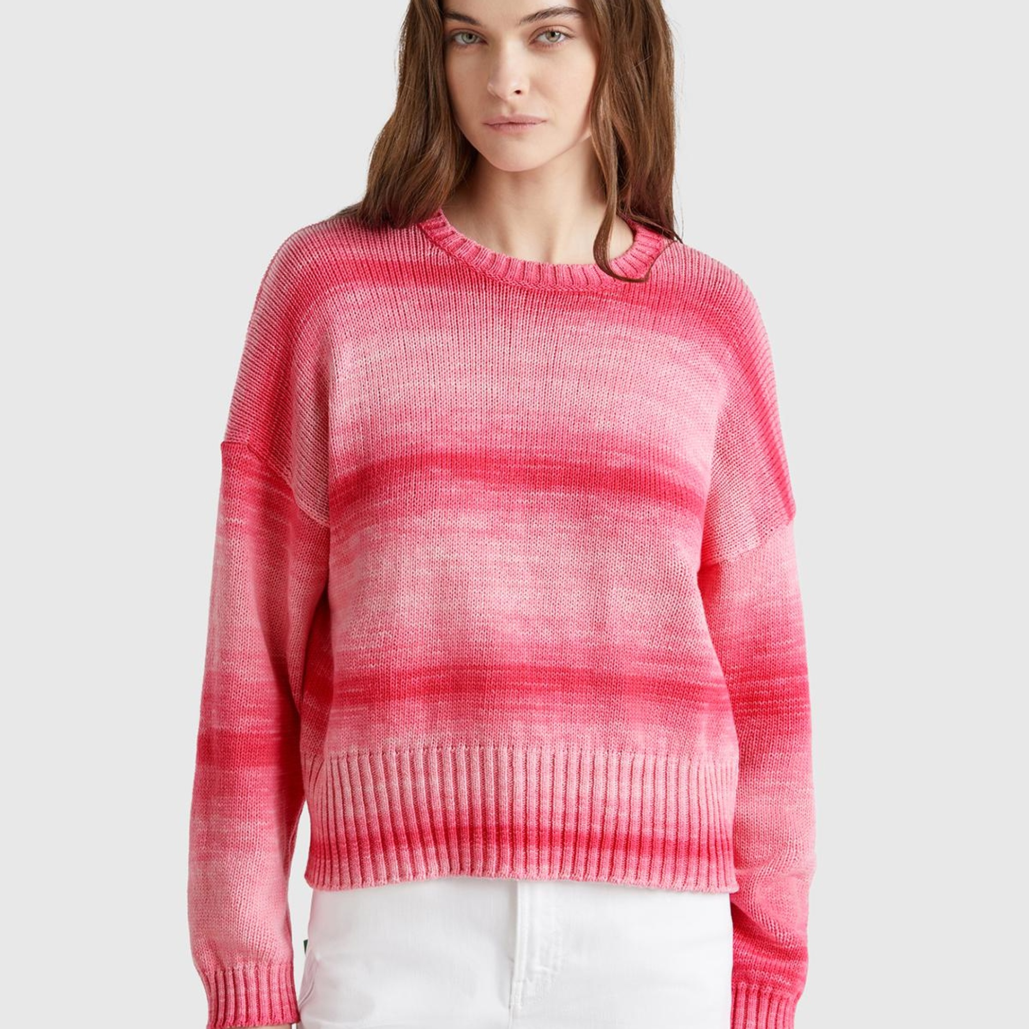 Kadın Pembe Mix %100 Pamuk Gölge Efektli Nervür Detaylı Düşük Omuzlu Kazak