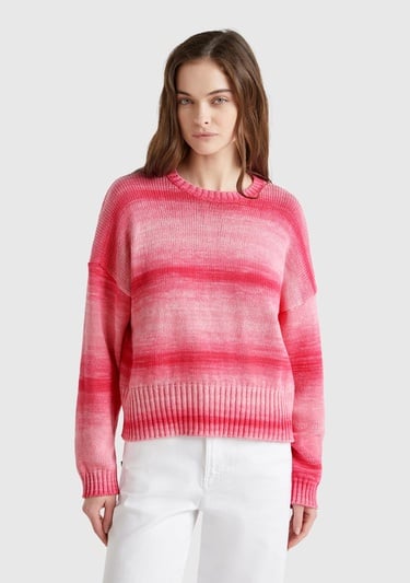  Kadın Pembe Mix %100 Pamuk Gölge Efektli Nervür Detaylı Düşük Omuzlu Kazak