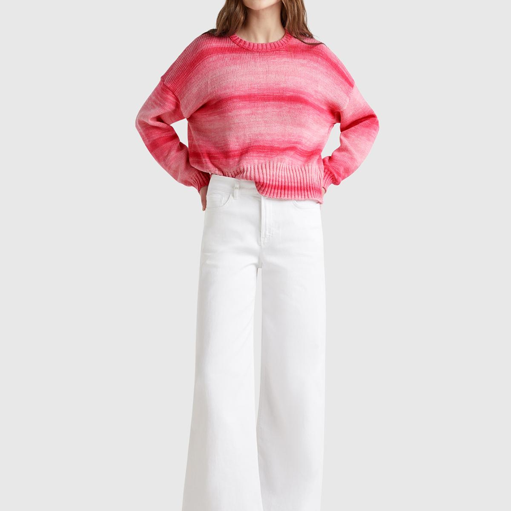 Kadın Pembe Mix %100 Pamuk Gölge Efektli Nervür Detaylı Düşük Omuzlu Kazak