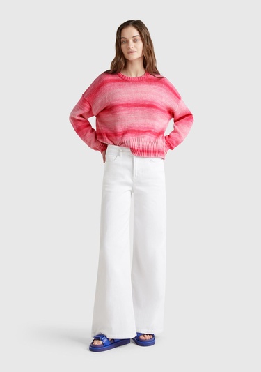  Kadın Pembe Mix %100 Pamuk Gölge Efektli Nervür Detaylı Düşük Omuzlu Kazak