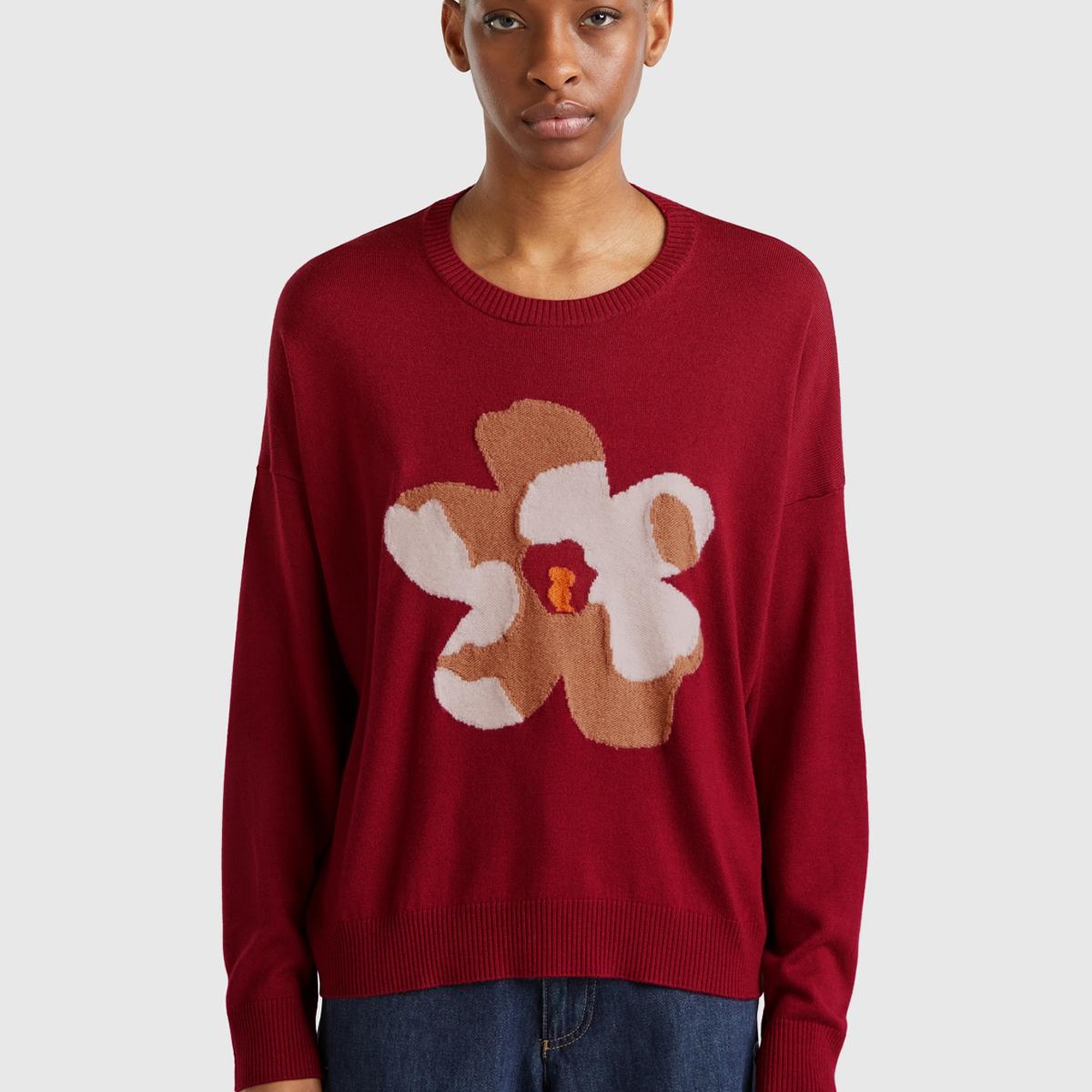 Kadın Bordo Viskoz Karışımlı Çiçek Desenli Kazak