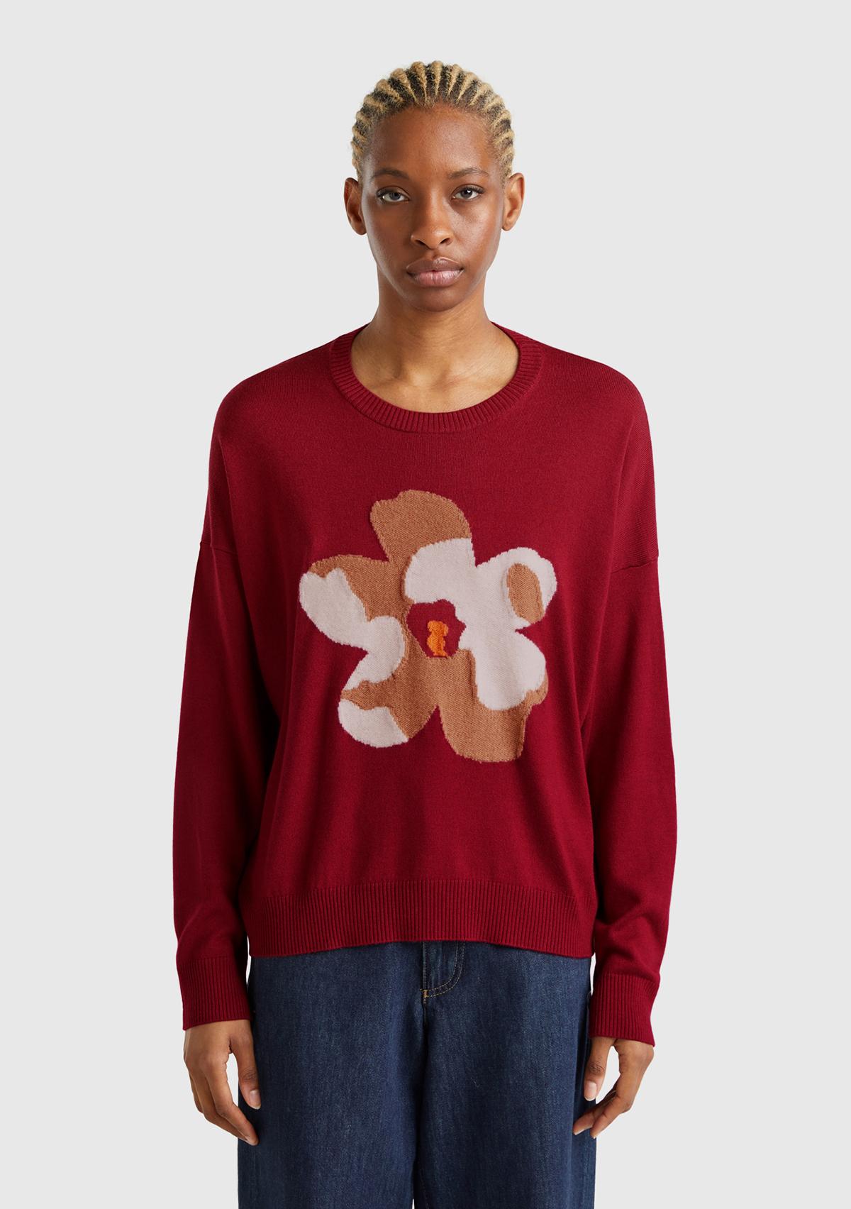  Kadın Bordo Viskoz Karışımlı Çiçek Desenli Kazak