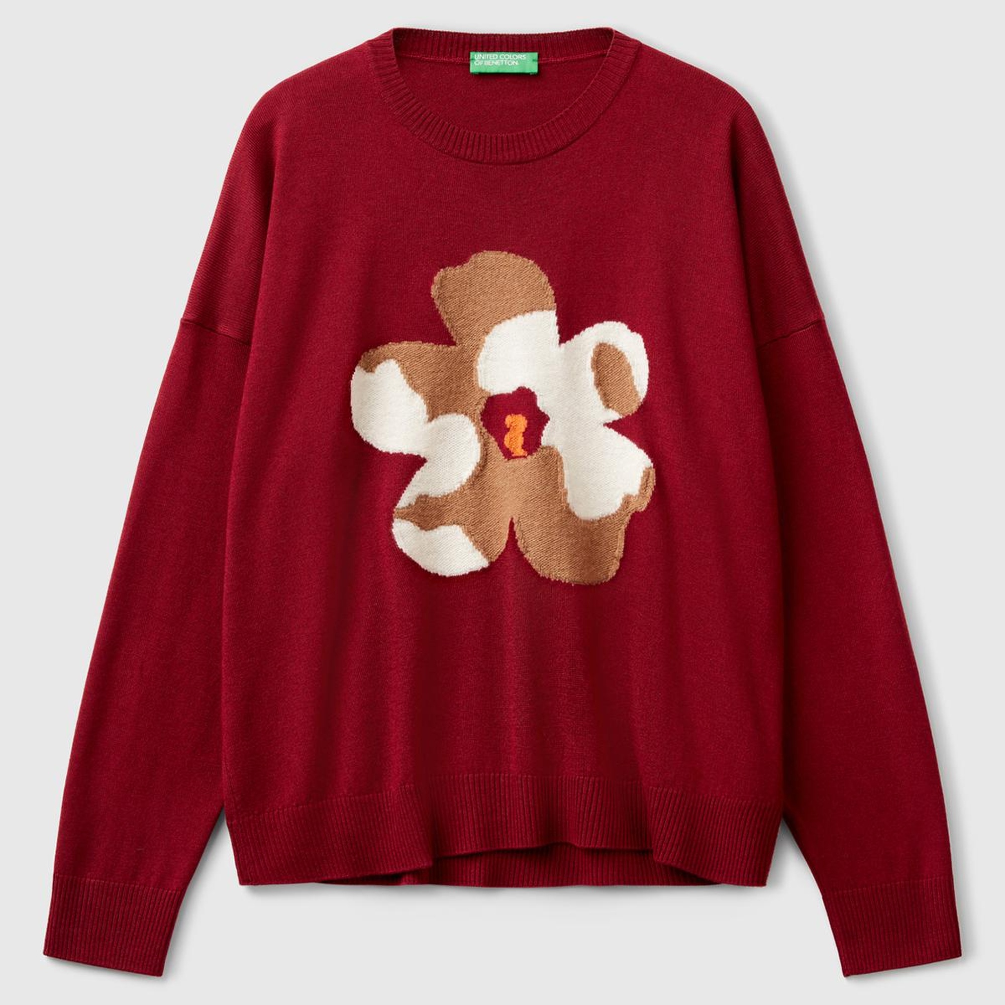 Kadın Bordo Viskoz Karışımlı Çiçek Desenli Kazak