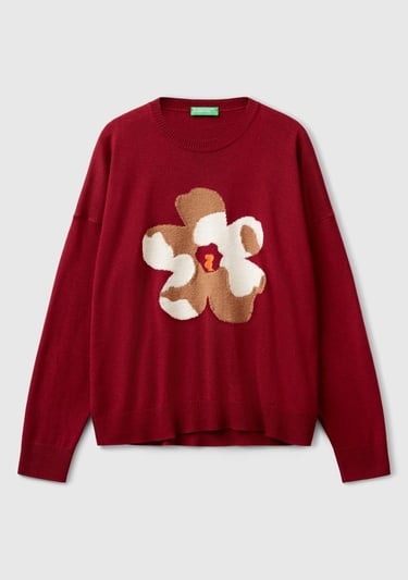  Kadın Bordo Viskoz Karışımlı Çiçek Desenli Kazak