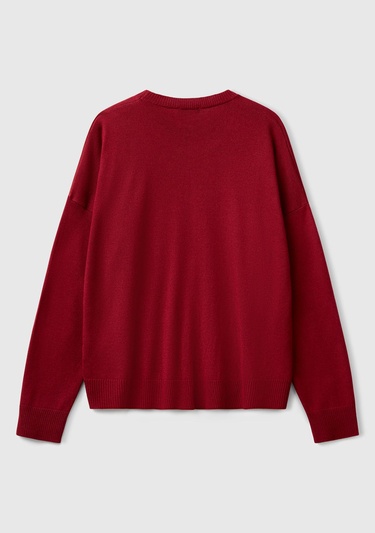  Kadın Bordo Viskoz Karışımlı Çiçek Desenli Kazak