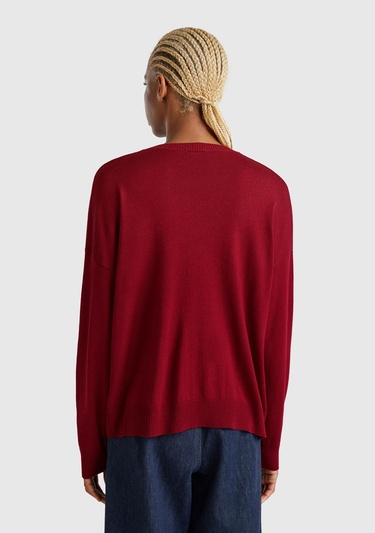  Kadın Bordo Viskoz Karışımlı Çiçek Desenli Kazak