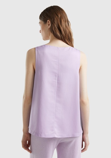  Kadın Lila Viskoz Karışımlı Saten Kolsuz Bluz