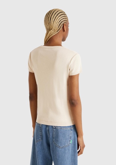  Kadın Taş Rengi %100 Koton Bisiklet Yaka Kısa Kollu Kazak