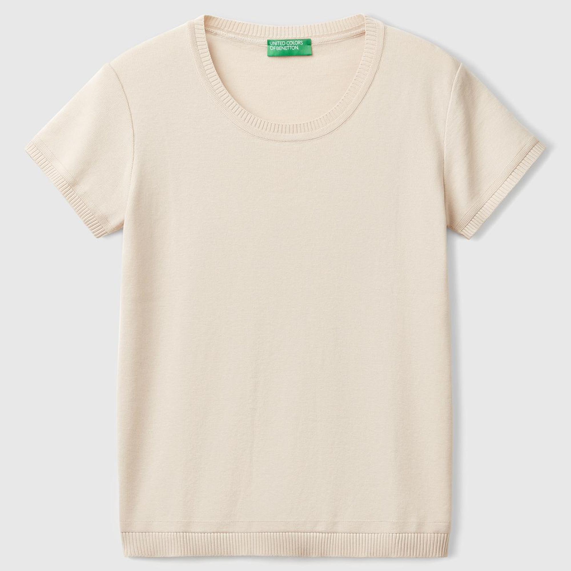 Kadın Taş Rengi %100 Koton Bisiklet Yaka Kısa Kollu Kazak