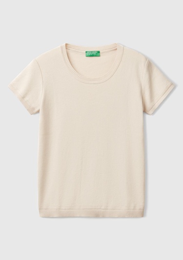  Kadın Taş Rengi %100 Koton Bisiklet Yaka Kısa Kollu Kazak