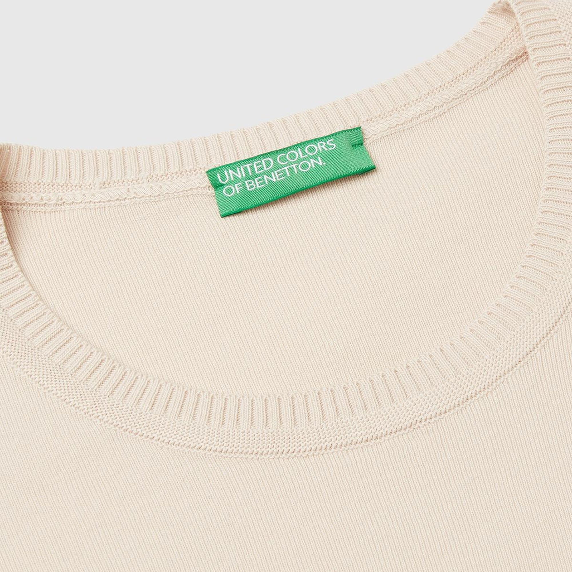 Kadın Taş Rengi %100 Koton Bisiklet Yaka Kısa Kollu Kazak