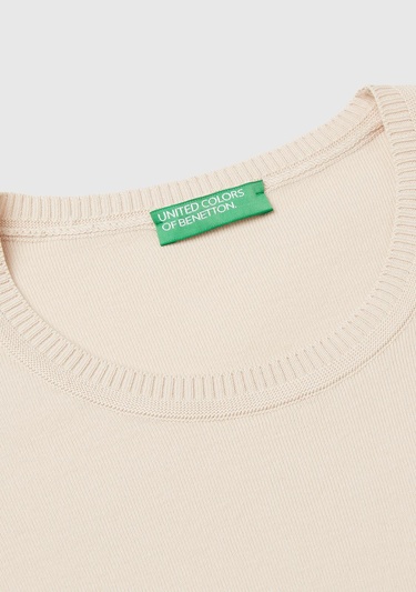  Kadın Taş Rengi %100 Koton Bisiklet Yaka Kısa Kollu Kazak