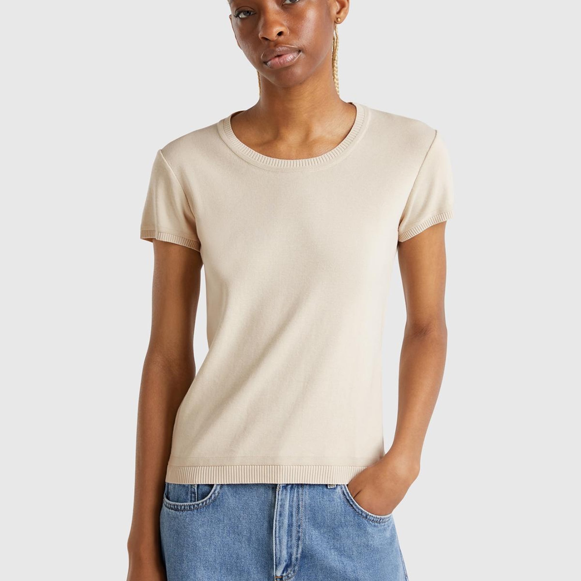 Kadın Taş Rengi %100 Koton Bisiklet Yaka Kısa Kollu Kazak