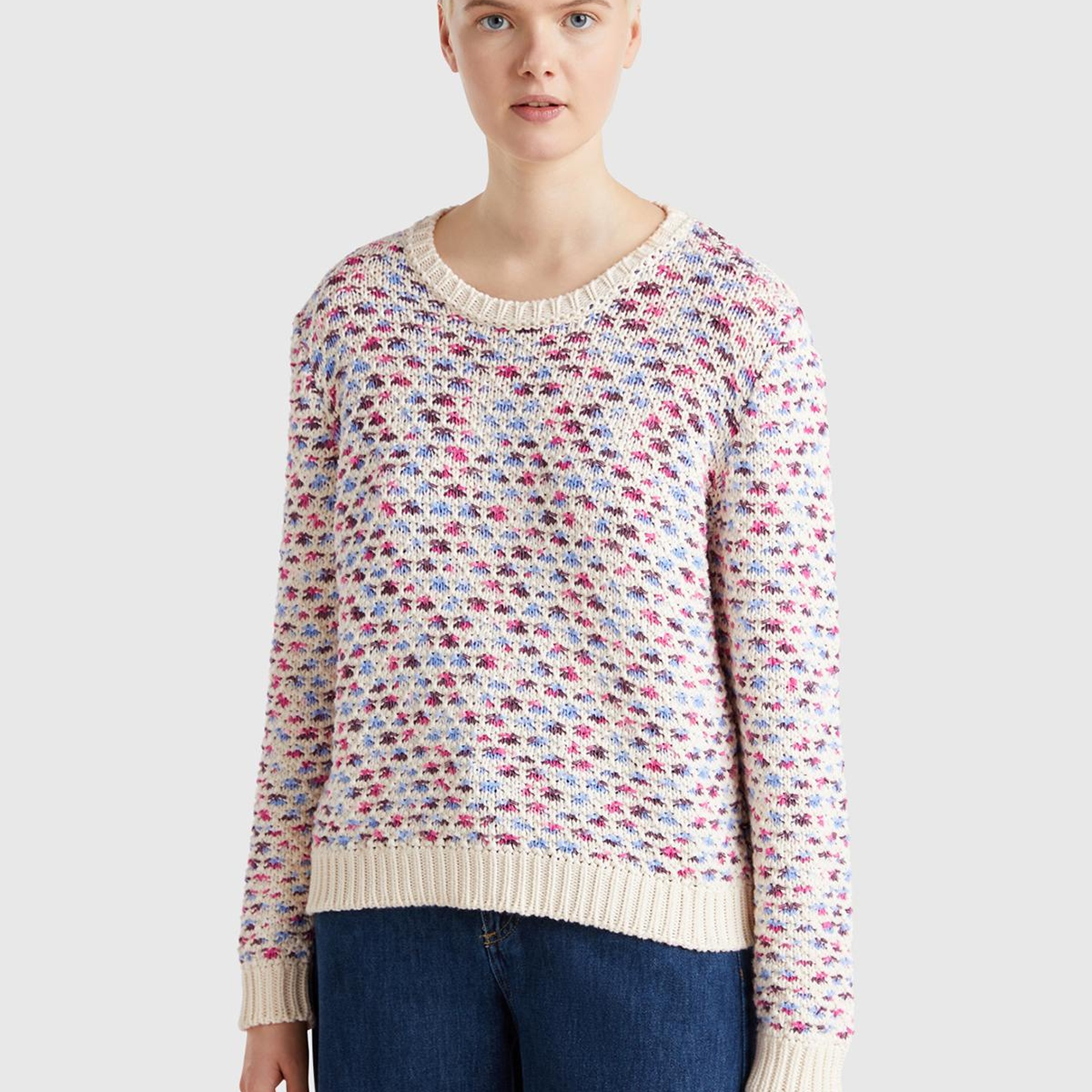 Kadın Pembe Mix Pamuk Karışımlı Jakarlı Nervür Detaylı Çift Taraflı Kazak