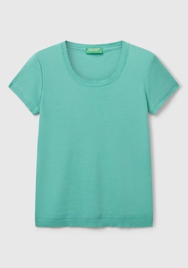  Kadın Buz Mavisi %100 Koton Bisiklet Yaka Kısa Kollu Kazak