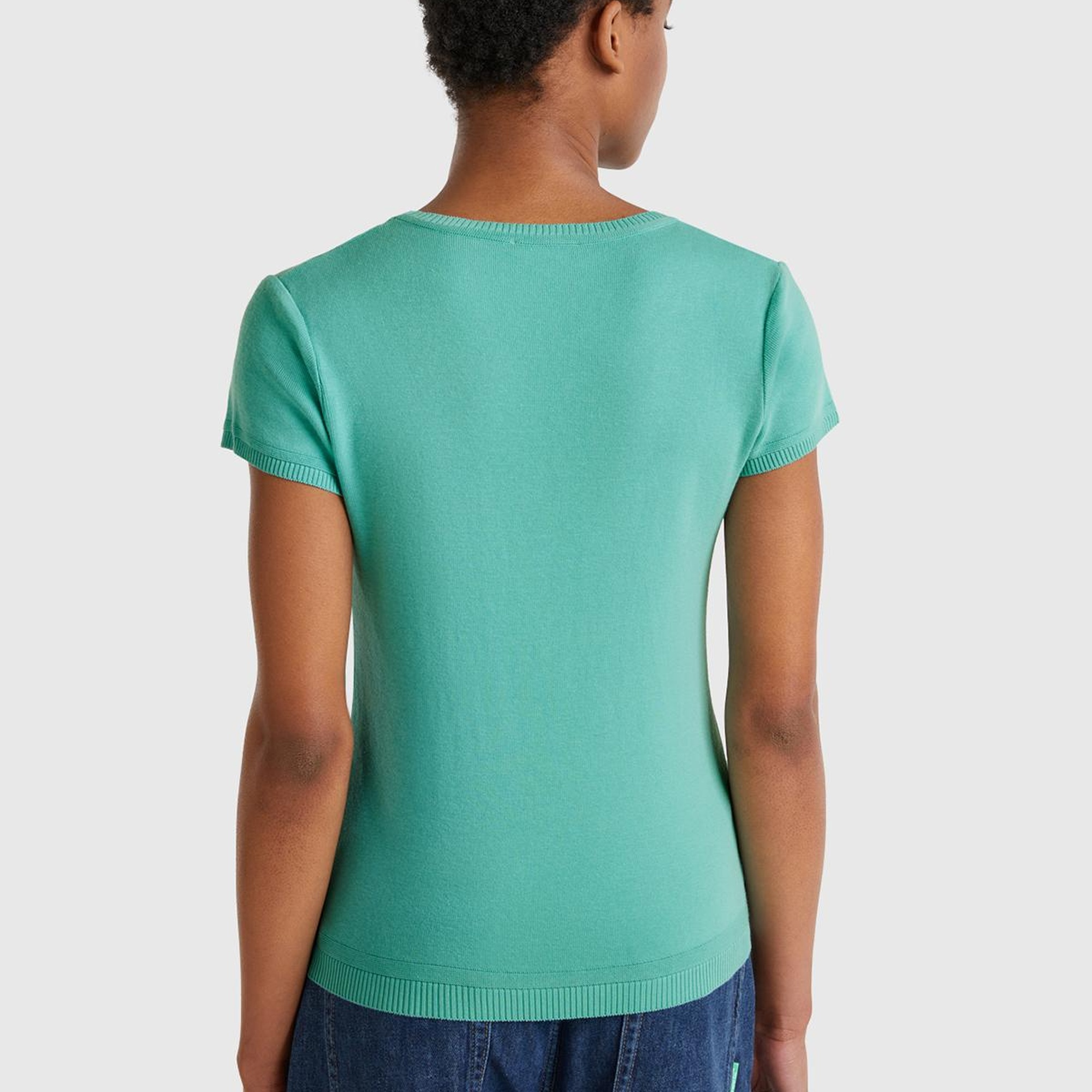 Kadın Buz Mavisi %100 Koton Bisiklet Yaka Kısa Kollu Kazak