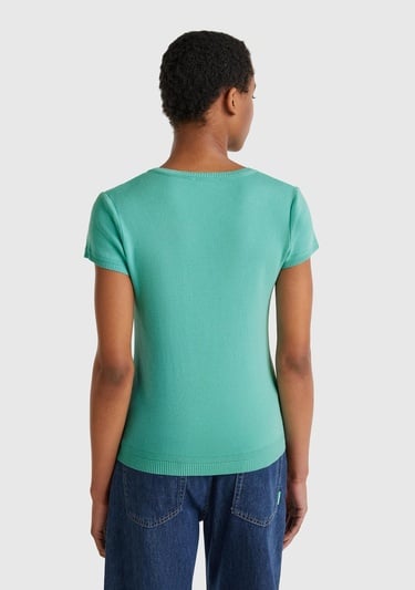  Kadın Buz Mavisi %100 Koton Bisiklet Yaka Kısa Kollu Kazak