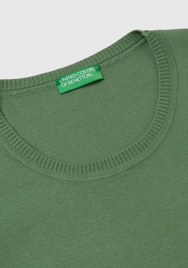  Kadın Açık Yeşil %100 Koton Bisiklet Yaka Kısa Kollu Kazak