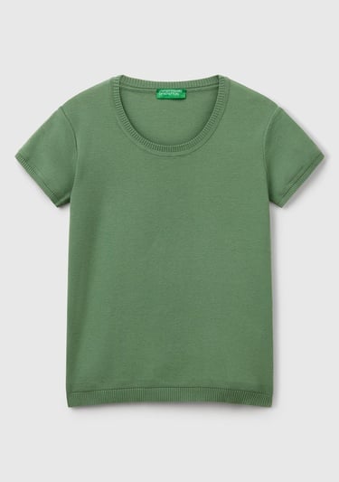  Kadın Açık Yeşil %100 Koton Bisiklet Yaka Kısa Kollu Kazak