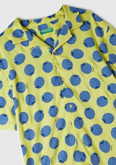  Erkek Sarı Mix %100 Viskoz Tamamı Meyve Baskılı Kısa Kollu Gömlek