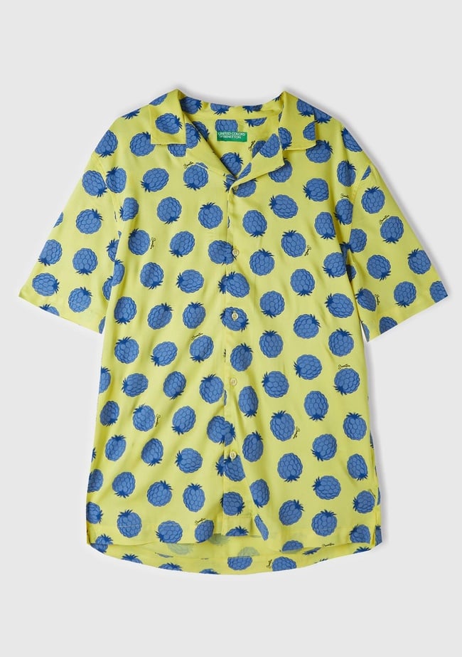  Erkek Sarı Mix %100 Viskoz Tamamı Meyve Baskılı Kısa Kollu Gömlek