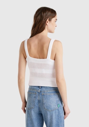  Kadın Beyaz %100 Pamuk Şerit Efektli Örme Relax Fit V Yaka Triko Atlet