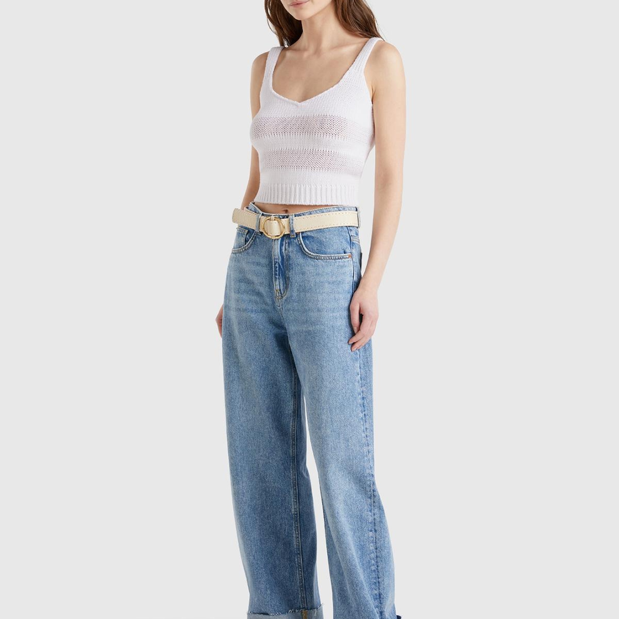 Kadın Beyaz %100 Pamuk Şerit Efektli Örme Relax Fit V Yaka Triko Atlet