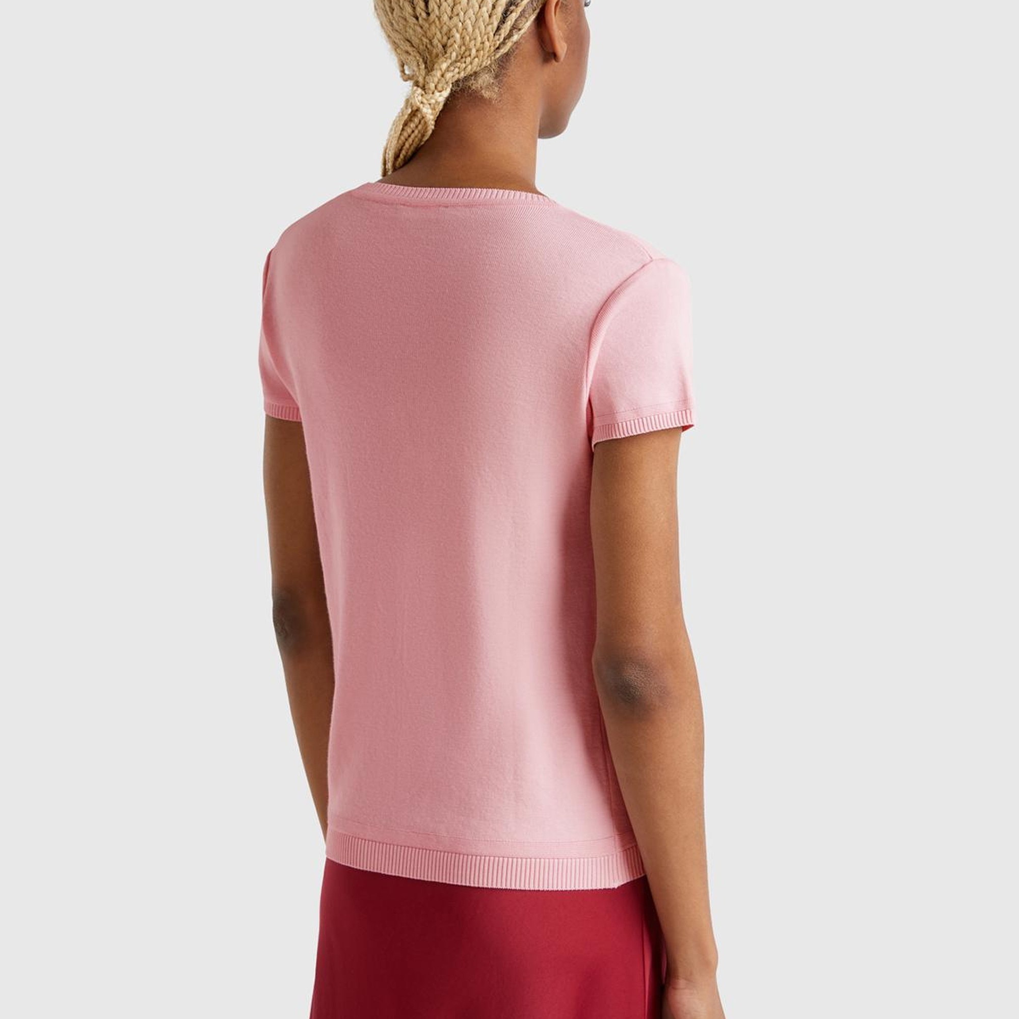 Kadın Toz Pembe %100 Koton Bisiklet Yaka Kısa Kollu Kazak