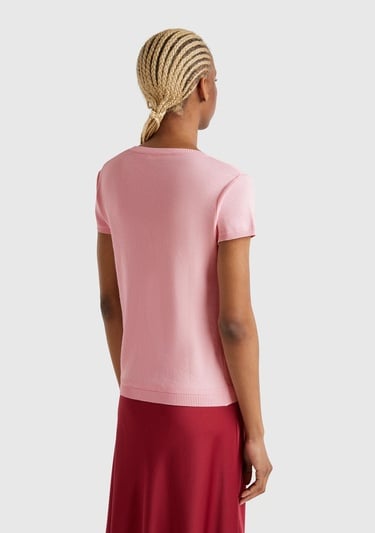  Kadın Toz Pembe %100 Koton Bisiklet Yaka Kısa Kollu Kazak