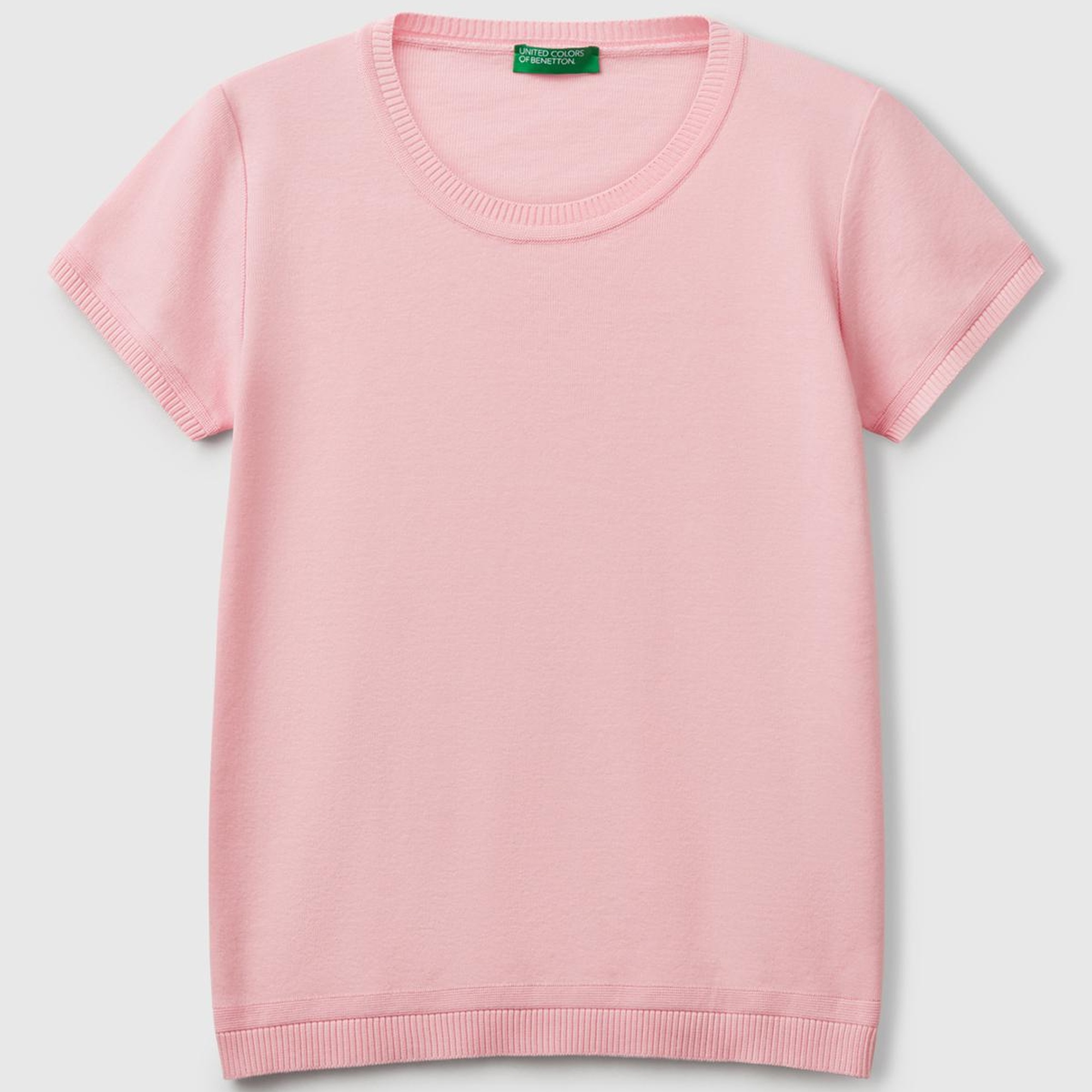 Kadın Toz Pembe %100 Koton Bisiklet Yaka Kısa Kollu Kazak