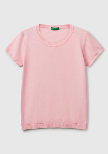  Kadın Toz Pembe %100 Koton Bisiklet Yaka Kısa Kollu Kazak