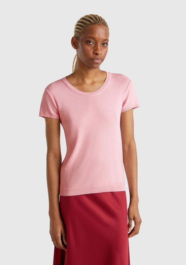  Kadın Toz Pembe %100 Koton Bisiklet Yaka Kısa Kollu Kazak