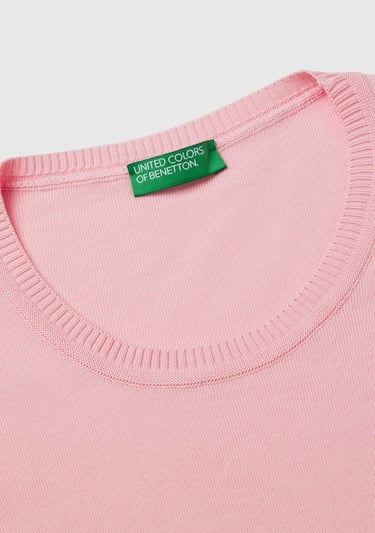  Kadın Toz Pembe %100 Koton Bisiklet Yaka Kısa Kollu Kazak