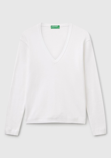  Kadın Beyaz %100 Pamuk Nervür Detaylı V Yaka İnce Kazak